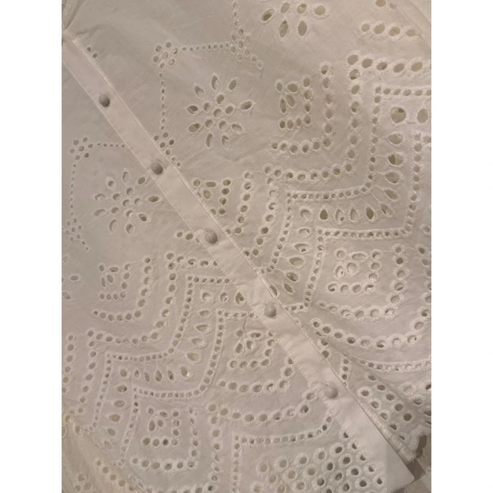 White Eyelet Lace 2 Piece‎ Set Long Sleeve Button Back Top & Tiered Mini Skirt